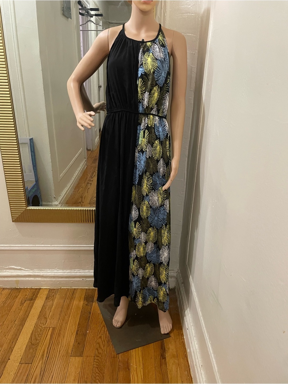 Diane Von Furstenberg Black Maxi with Blue and Gold Leaf Panel - Picture 4 of 12